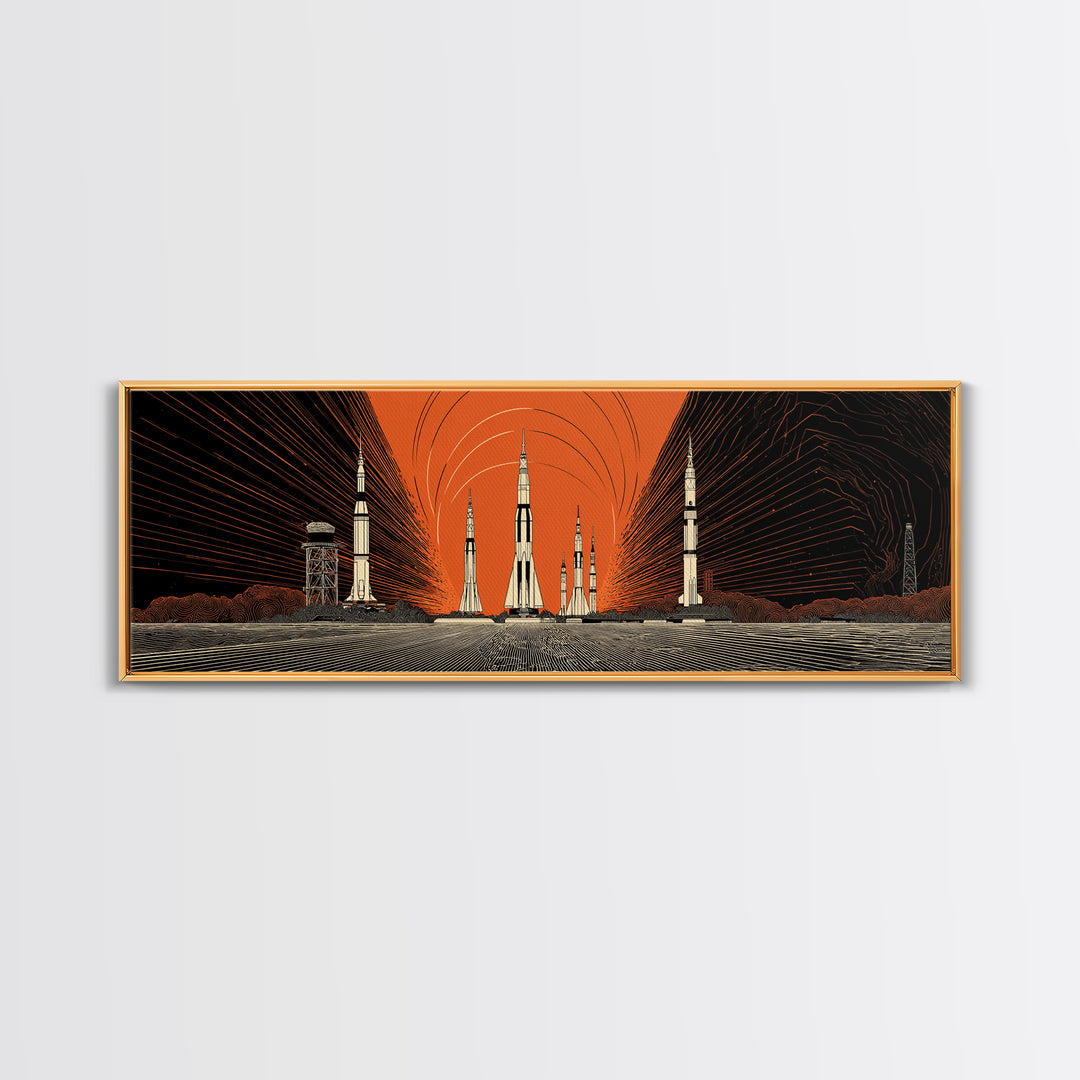 Orange Spaceport Rockets Framed Canvas Print, Midcentury Modern Wall Art, Retro Sci Fi Poster, Atomic MCM Wall Decor, Modern Home Decor