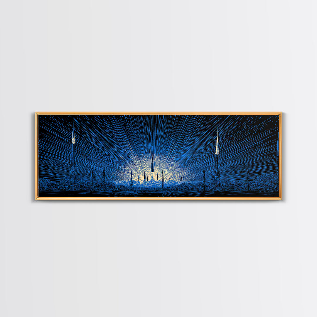 Blue Rocket Launch Wall Art, Radiant Sci Fi Space Poster, Midcentury Modern Art Print, Retro Futuristic Office Decor For Home