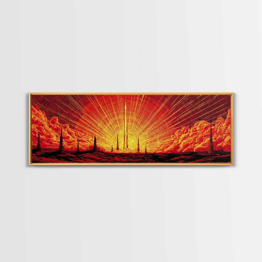 Fiery Rocket Silhouette Canvas Print, Orange Sunburst Space Poster, Midcentury Modern Wall Art, Retro Sci Fi MCM Home Decor