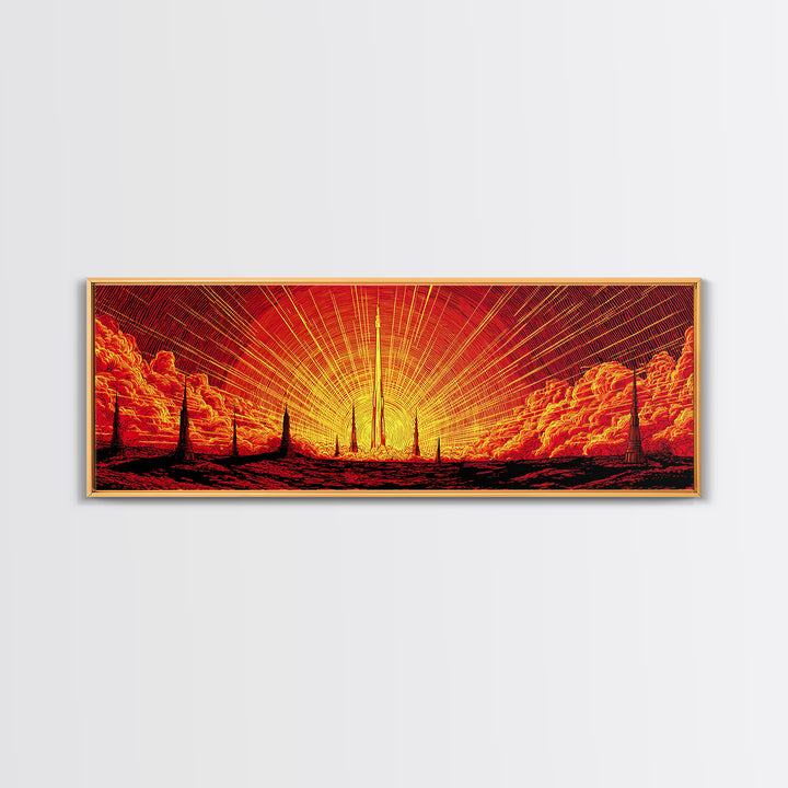 Fiery Rocket Silhouette Canvas Print, Orange Sunburst Space Poster, Midcentury Modern Wall Art, Retro Sci Fi MCM Home Decor