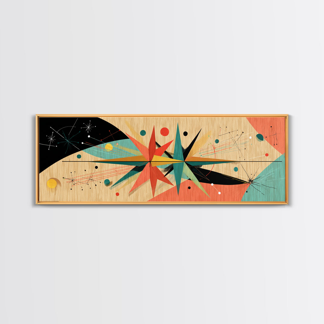 Retro Atomic Starburst On Wood Framed Canvas Print, Mid Century Modern Art, Boho Geometric Wall Decor For Office Or Den