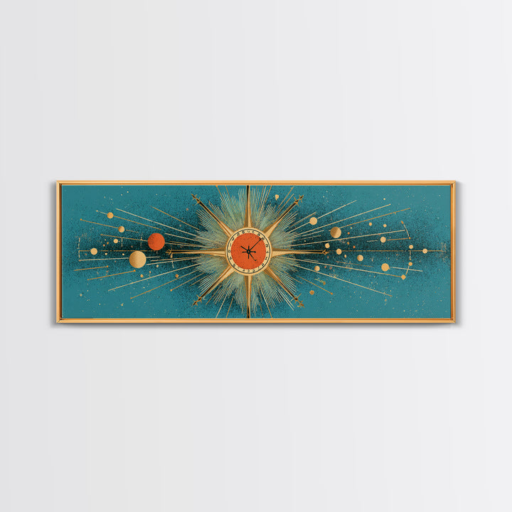 Teal Atomic Clock Sunburst Canvas Print, Mid Century Modern Wall Art, Retro Geometric Office Decor, Turquoise Mcm Print Gift