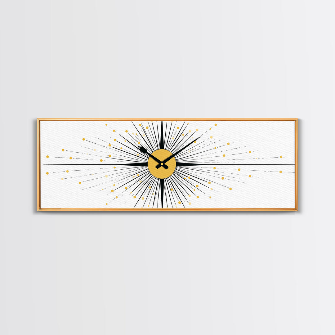 Minimal Gold Clock Starburst Wall Art, Mid Century Modern Abstract Print, Geometric Bauhaus Decor For Office, Entry, Or Den