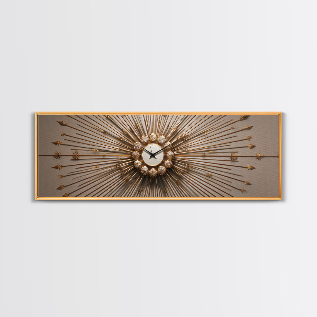 Gold Sunburst Clock Sculpture Framed Canvas Print, Mid Century Modern Wall Art, Hollywood Regency Decor For Living Room