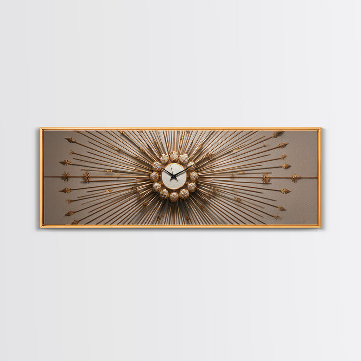 Gold Sunburst Clock Sculpture Framed Canvas Print, Mid Century Modern Wall Art, Hollywood Regency Decor For Living Room