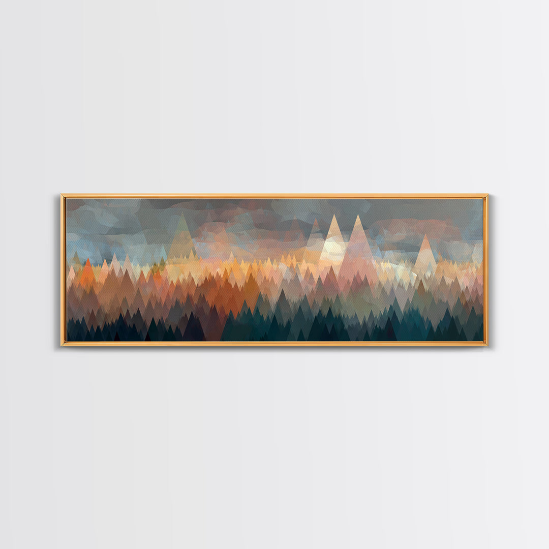 Misty Triangle Forest And Mountain Wall Art, Midcentury Modern Decor, Geometric Landscape Print, Teal Orange Home Decor Art