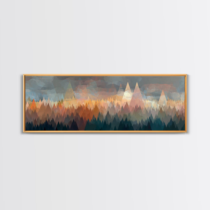 Misty Triangle Forest And Mountain Wall Art, Midcentury Modern Decor, Geometric Landscape Print, Teal Orange Home Decor Art
