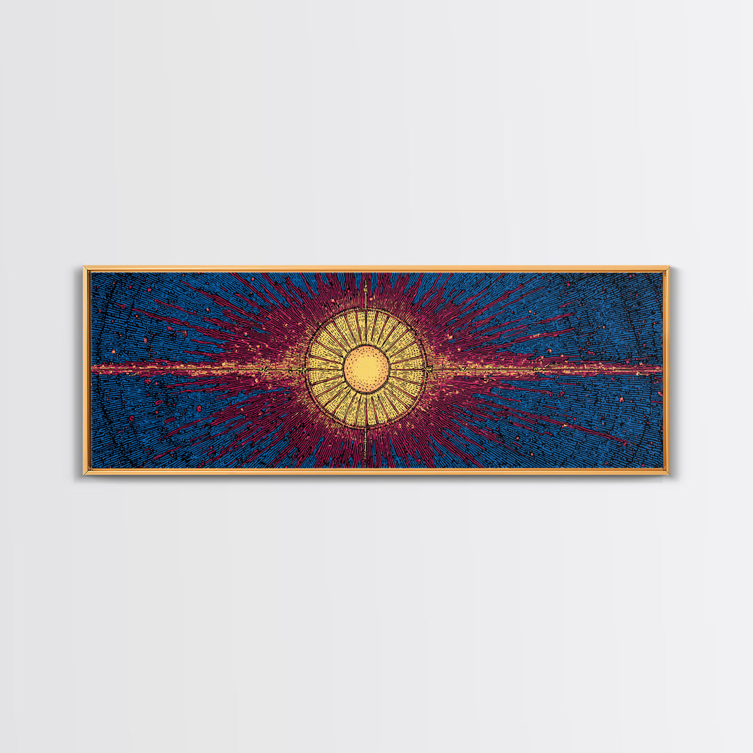 Blue Magenta Solar Burst Wall Art, Mid Century Modern Abstract Print, Cosmic Retro Decor For Living Room And Office, Wall Decor