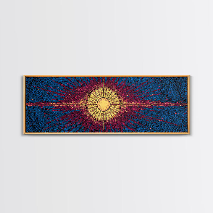 Blue Magenta Solar Burst Wall Art, Mid Century Modern Abstract Print, Cosmic Retro Decor For Living Room And Office, Wall Decor