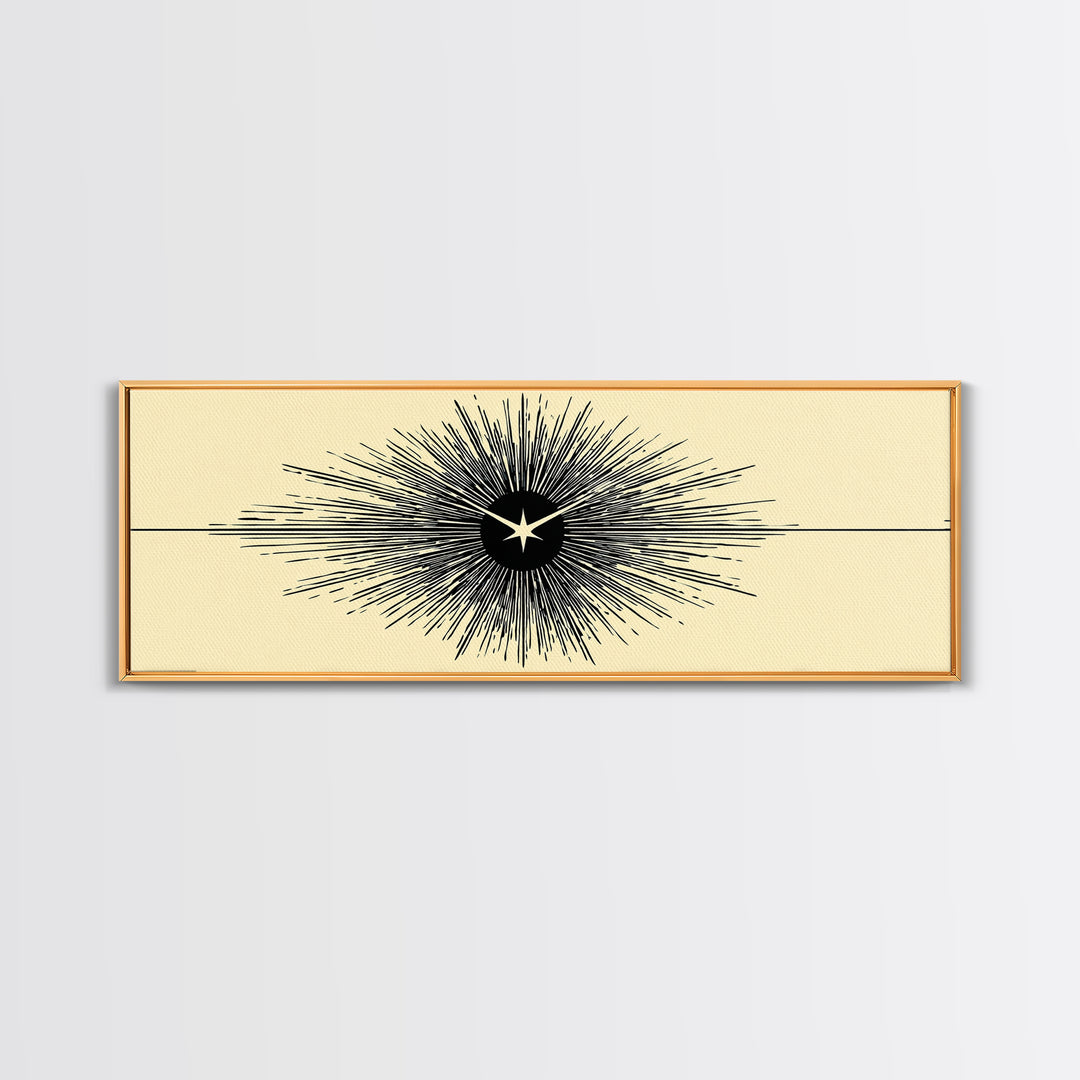 Black Starburst Atomic Eye Canvas Print, Mid Century Modern Wall Art, Minimalist Retro Poster, Beige Space Age Home Decor