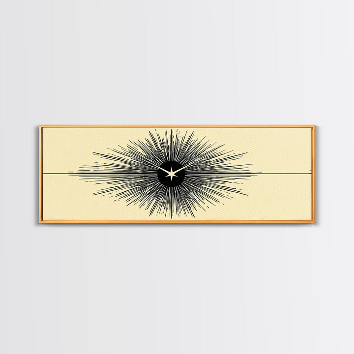 Black Starburst Atomic Eye Canvas Print, Mid Century Modern Wall Art, Minimalist Retro Poster, Beige Space Age Home Decor