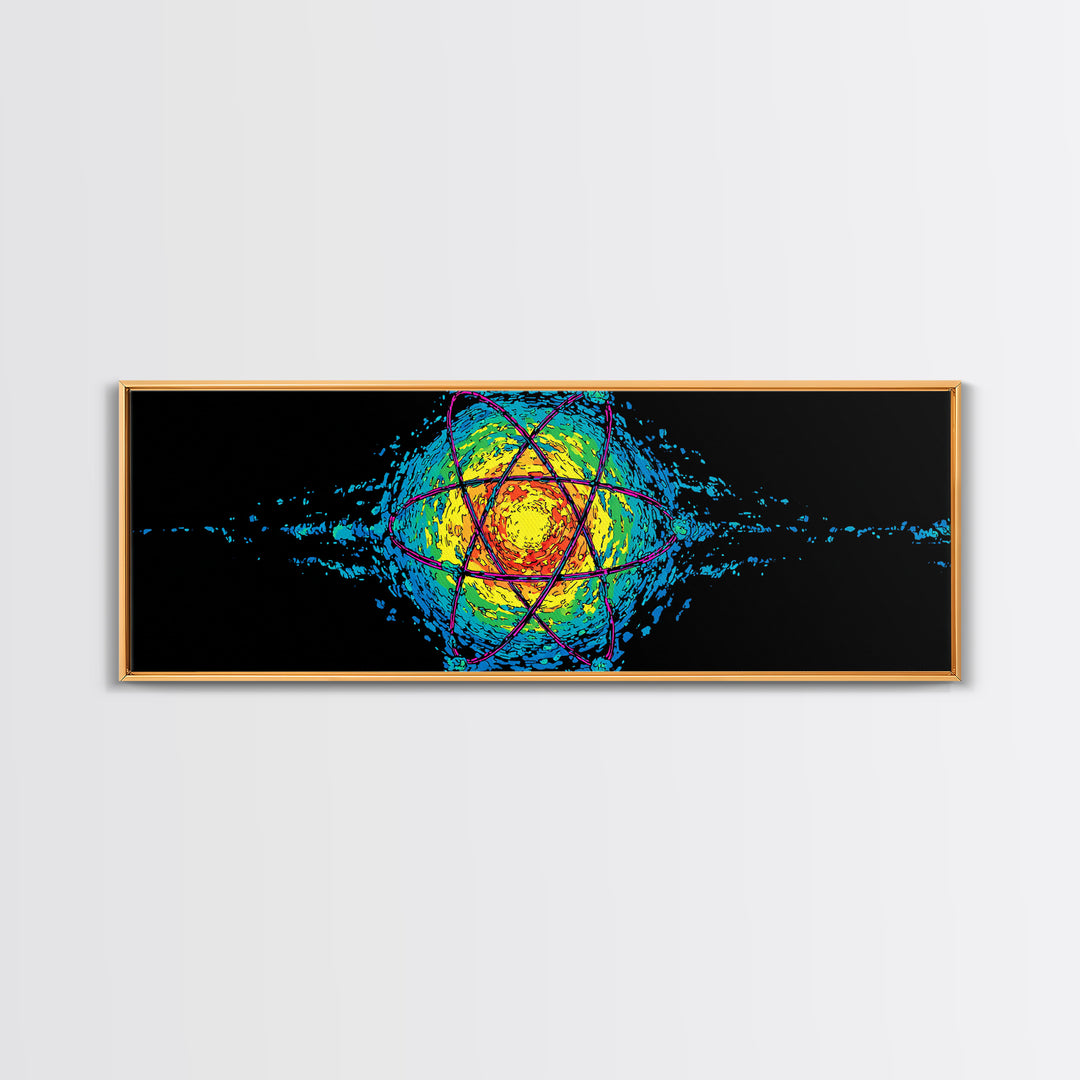 Glowing Yellow Atom And Blue Particle Waves Canvas Print, Midcentury Modern Wall Art, Retro Science Poster, Space Decor Art