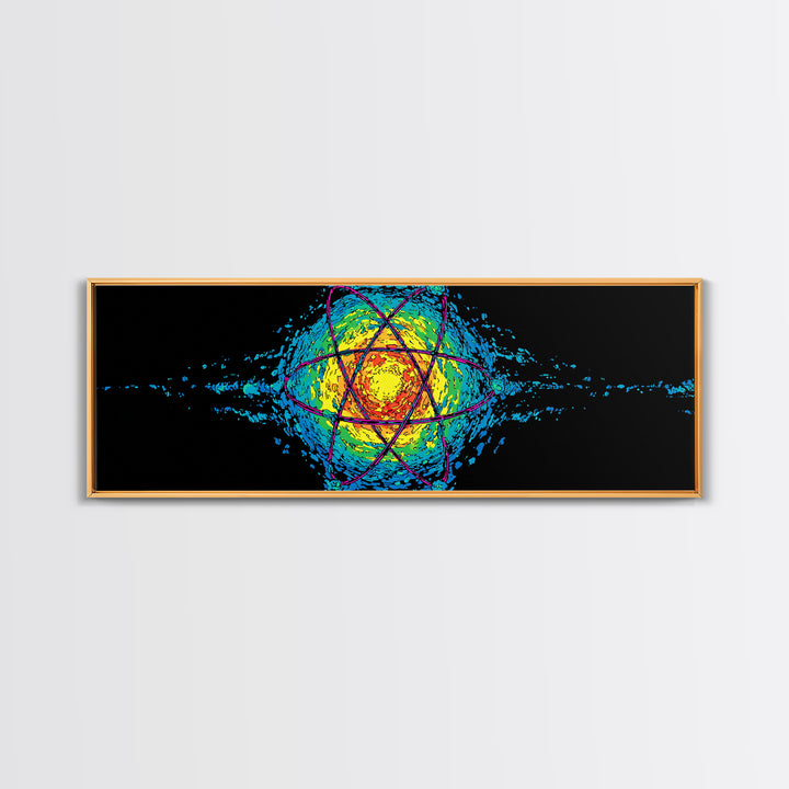 Glowing Yellow Atom And Blue Particle Waves Canvas Print, Midcentury Modern Wall Art, Retro Science Poster, Space Decor Art