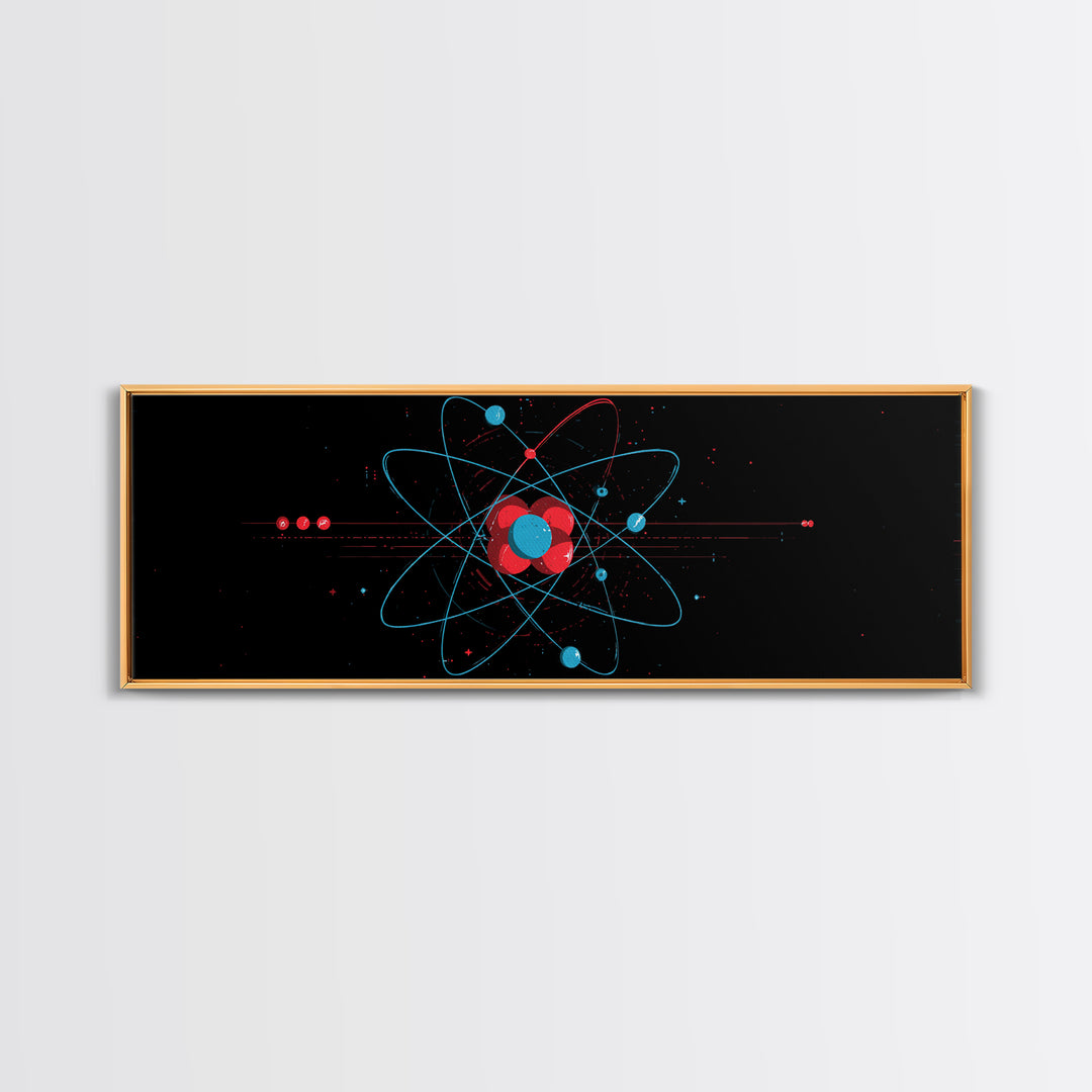 Red And Blue Atomic Orbit Diagram Canvas Print, Mid Century Modern Wall Art, Minimalist Science Poster, Space Age Decor Print
