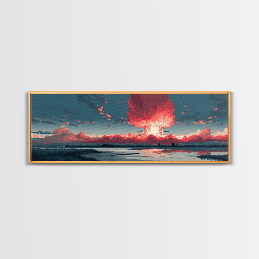 Dramatic Red Mushroom Cloud Over Wetlands Wall Art, Modern Abstract Art Print, Sci Fi Landscape Poster, Statement Home Decor