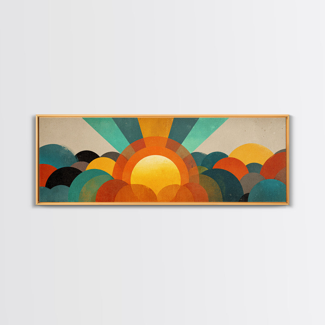 Layered Sun Rising Over Retro Hills Canvas Print, Mid Century Modern Wall Art, Colorful Landscape Poster, MCM Home Decor