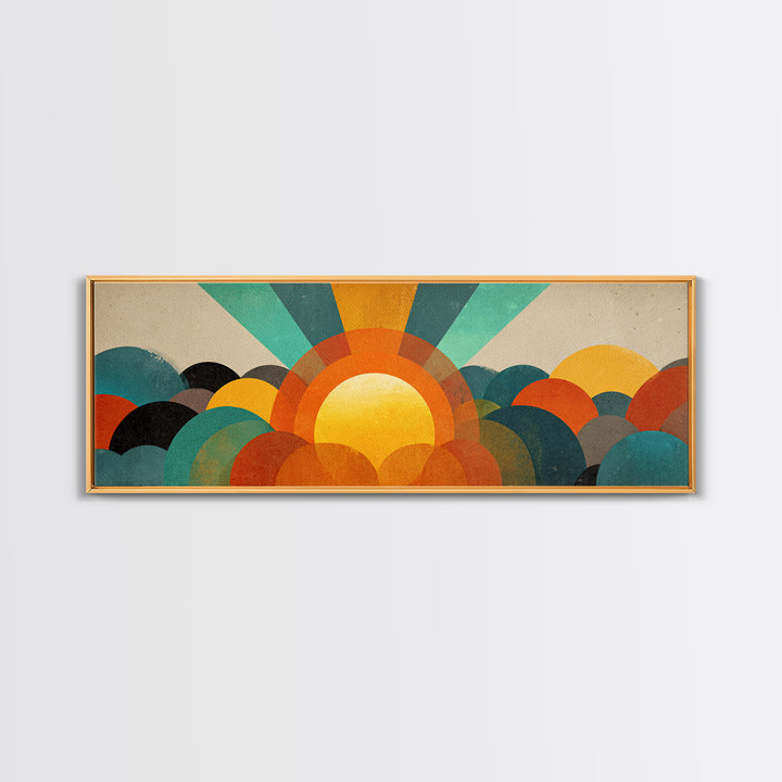 Layered Sun Rising Over Retro Hills Canvas Print, Mid Century Modern Wall Art, Colorful Landscape Poster, MCM Home Decor