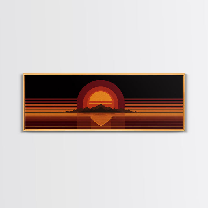 Orange Desert Sun And Mountain Reflection Wall Art, Retro Midcentury Canvas Print, Black Minimalist Modern Home Decor Poster