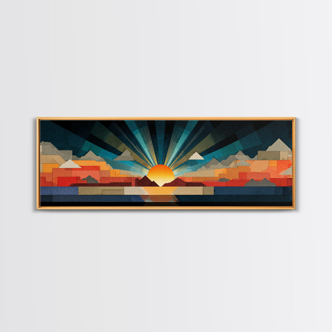 Art Deco Sunrise Mountain Landscape Wall Art, Midcentury Modern Canvas Print, Bold Geometric Retro Living Room Decor Poster