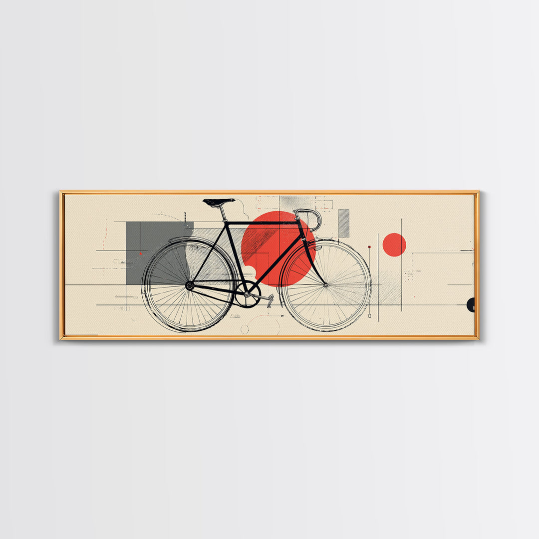 Minimalist Black Bicycle Wall Art, Red Sun Bauhaus Canvas Print, Midcentury Modern Cycling Poster, Graphic Office Decor Art Print