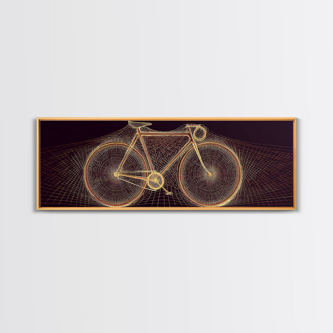 Glowing Gold Road Bicycle Framed Canvas Print, Retro Futuristic Cycling Wall Art, Modern Geometric Poster, Man Cave Decor