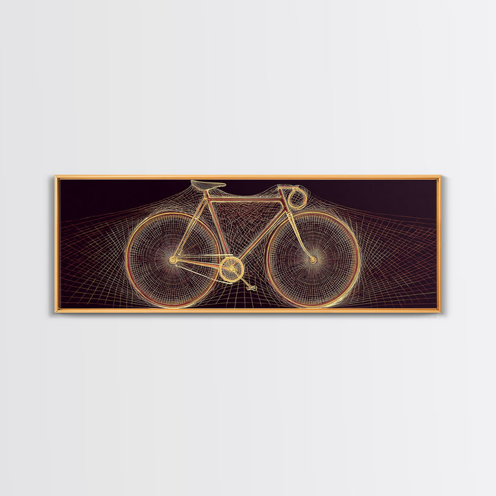 Glowing Gold Road Bicycle Framed Canvas Print, Retro Futuristic Cycling Wall Art, Modern Geometric Poster, Man Cave Decor