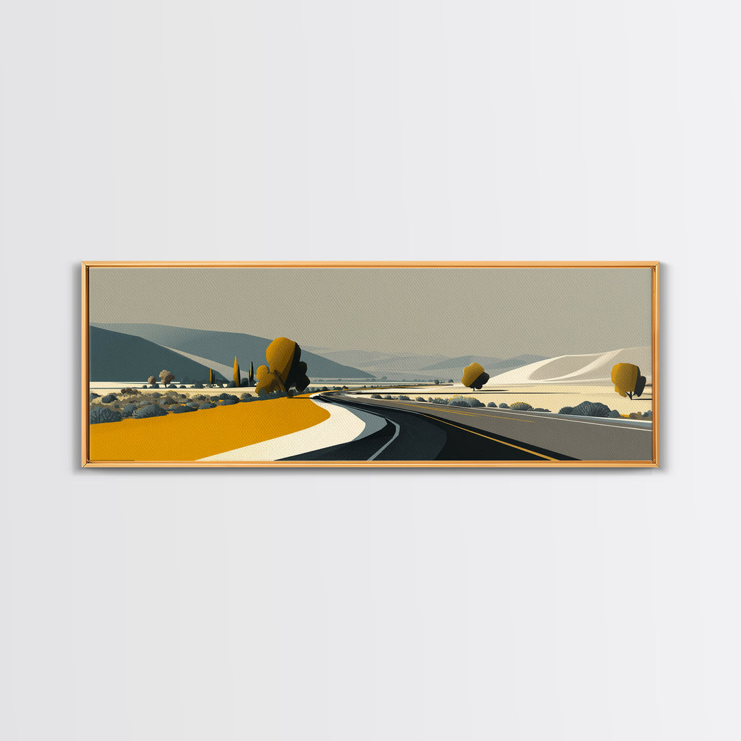 Minimal Country Road Wall Art, Modern Landscape Print, Neutral Midcentury Decor, Scenic Home Office Art, Mustard Yellow Decor