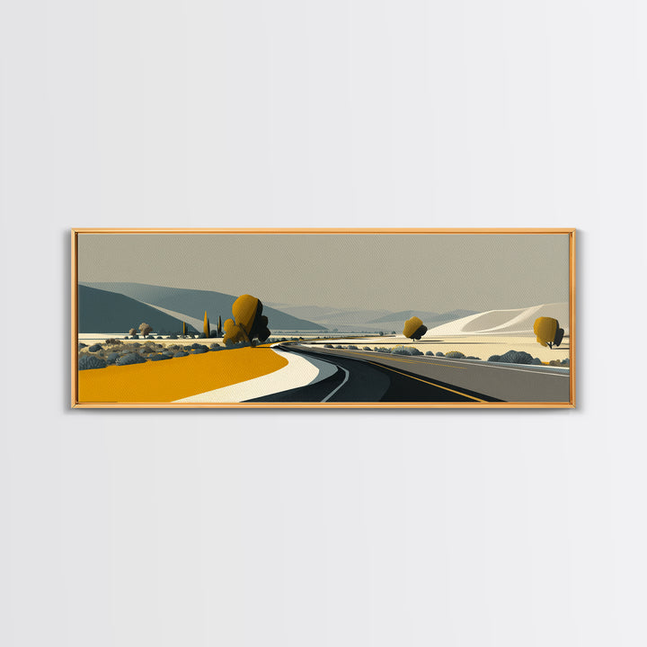 Minimal Country Road Wall Art, Modern Landscape Print, Neutral Midcentury Decor, Scenic Home Office Art, Mustard Yellow Decor