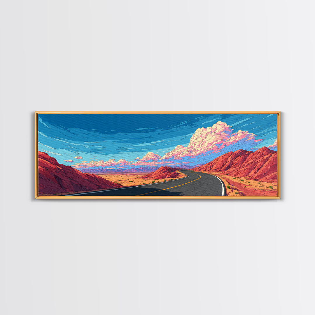 Red Canyon Highway Framed Canvas Print, Modern Wall Art, Retro Travel Poster Style, Colorful Landscape, Southwestern Decor