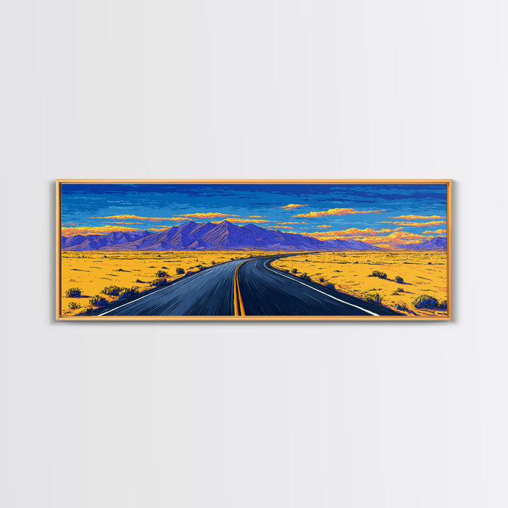 Vibrant Desert Highway And Purple Mountains Wall Art, Mid Century Modern Landscape Poster, Retro Road Trip Home Decor Print