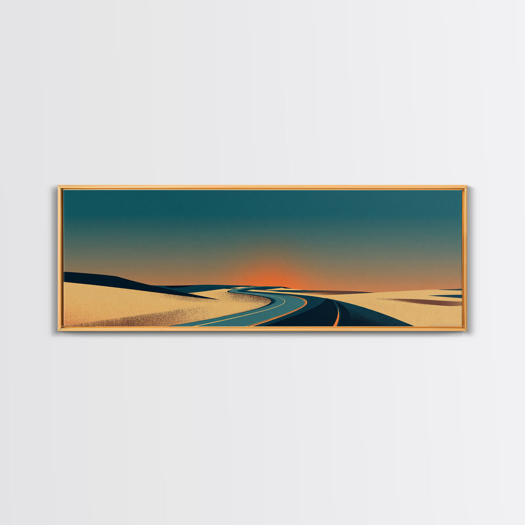 Minimal Sunset Desert Road Canvas Print, Mid Century Modern Landscape Wall Decor, Retro Travel Poster, Warm Neutral Art Print