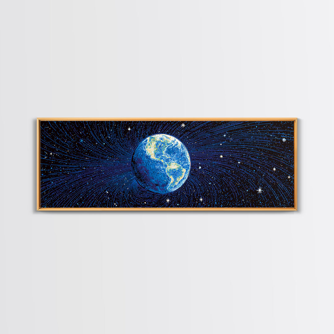 Blue Earth Magnetosphere And Starfield Wall Art, Retro Space Science Poster, Modern Digital Art Print For Office Decor And Astronomy Gift