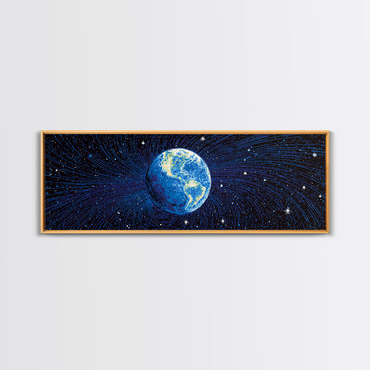 Blue Earth Magnetosphere And Starfield Wall Art, Retro Space Science Poster, Modern Digital Art Print For Office Decor And Astronomy Gift