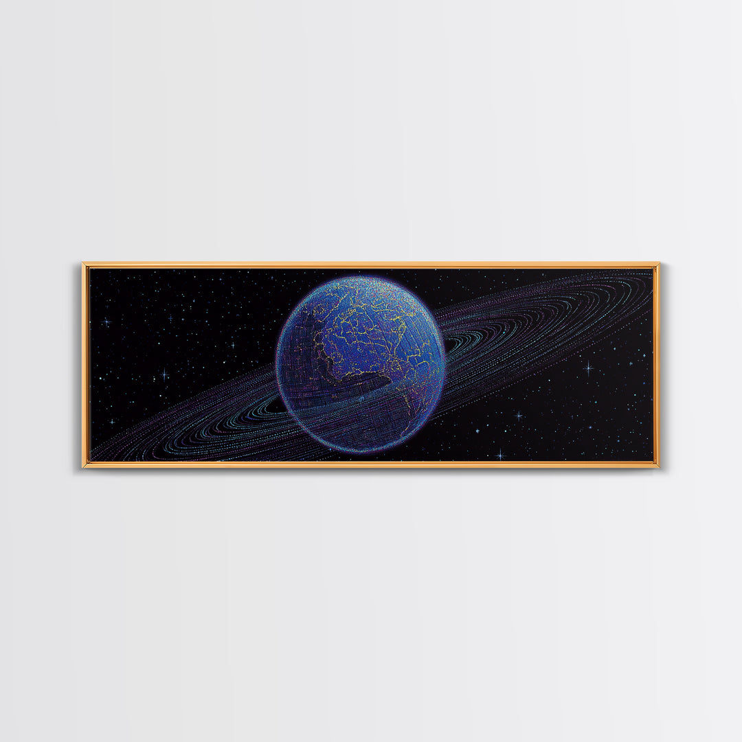 Ringed Blue Planet In Starry Space Canvas Print, Retro Sci Fi Wall Decor, Modern Digital Art Poster For Office And Bedroom