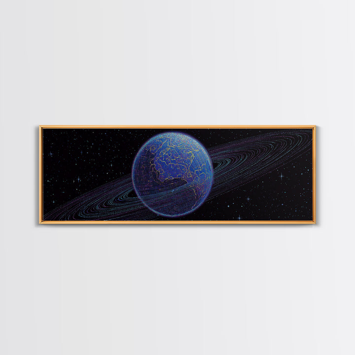 Ringed Blue Planet In Starry Space Canvas Print, Retro Sci Fi Wall Decor, Modern Digital Art Poster For Office And Bedroom