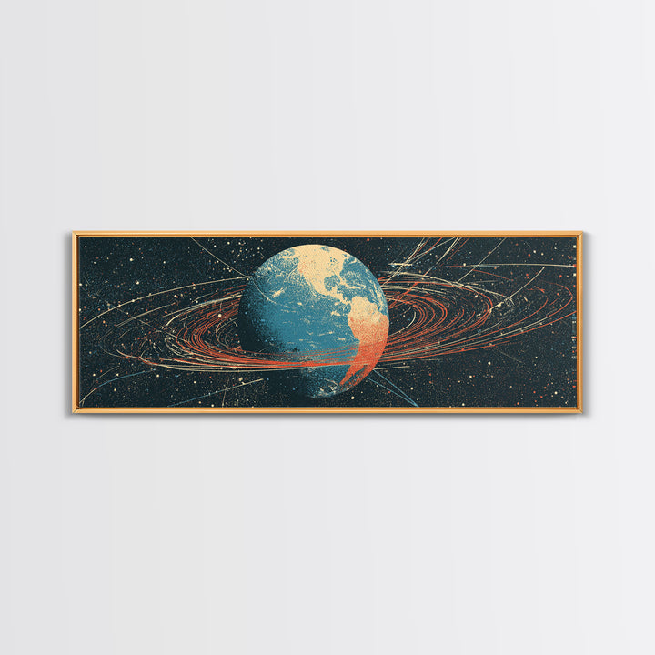 Retro Earth Orbit Lines And Star Map Wall Art, Mid Century Modern Space Poster, Scientific Astronomy Print For Office Decor