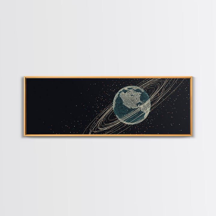 Dark Earth With Orbital Rings Framed Canvas Print, Retro Space Science Wall Decor, Modern Astronomy Art For Home Office Gift