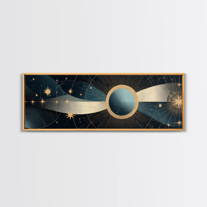 Abstract Solar Eclipse With Golden Stars Wall Art, Mid Century Modern Celestial Poster, Cosmic Retro Print For Living Room