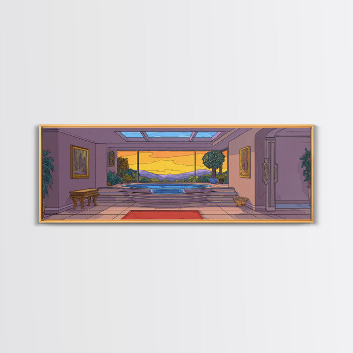 Retro Modern Interior With Sunset Mountain View Wall Art, Mid Century Modern Home Decor, Architectural Landscape Poster Print