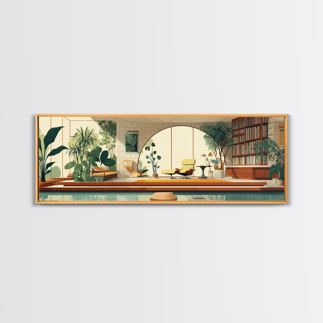 Sunlit Indoor Pool Atrium With Plants Wall Art, Midcentury Modern Decor, MCM Home Office, Retro Architectural Living Room Print