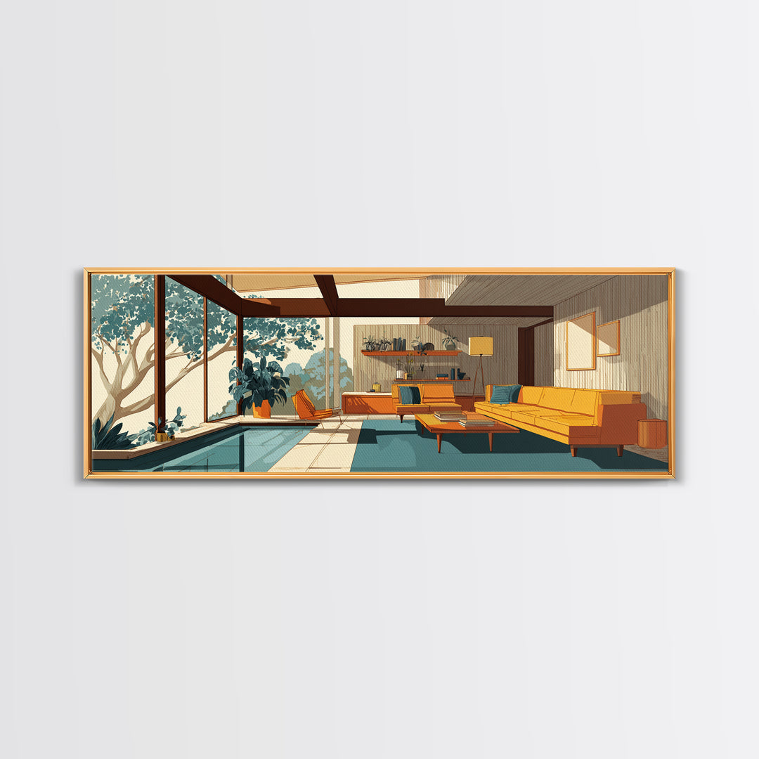 Glass Wall Living Room With Pool Wall Art, Midcentury Modern Decor, MCM Architecture, Retro Home Office Interior Design Canvas Print