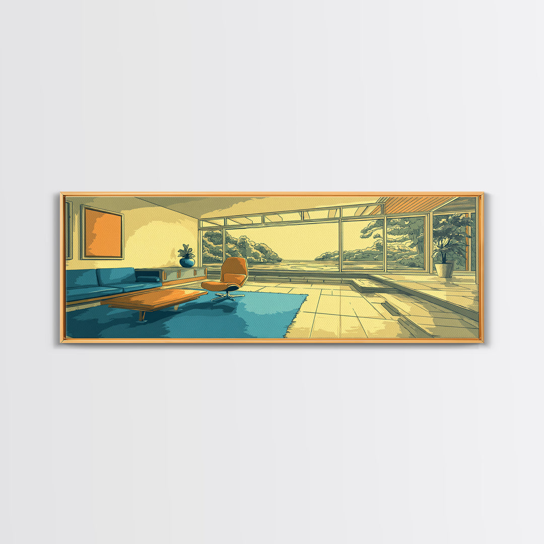Teal Yellow Living Room With Mountain View Framed Canvas Print, Midcentury Modern Wall Decor, Retro MCM Architecture Home Art