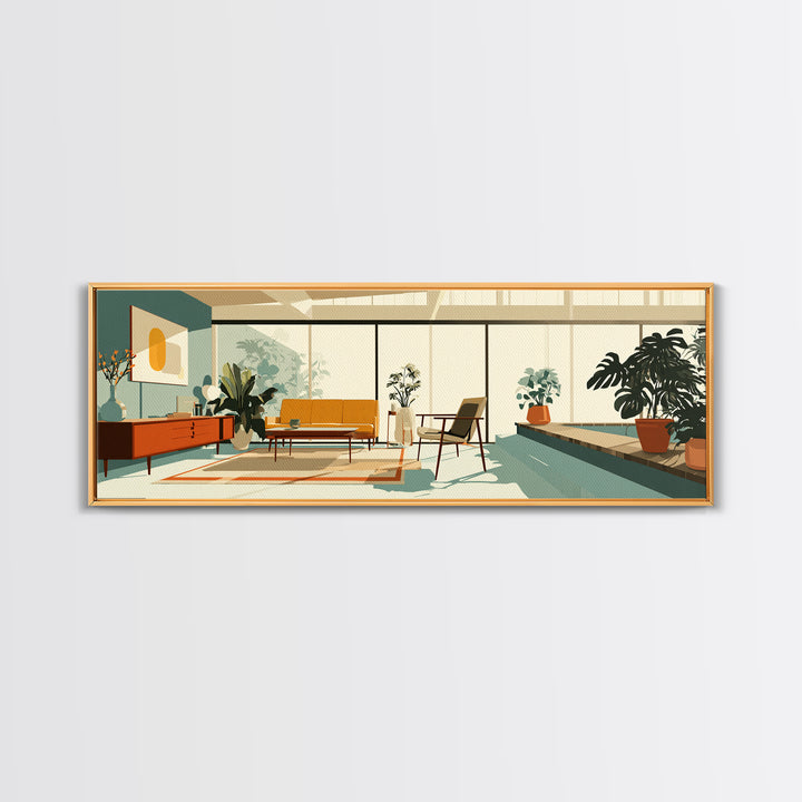 Sunny Plant Filled Living Room Wall Art, Midcentury Modern Decor, MCM Furniture, Retro Architectural Home Office Canvas Print