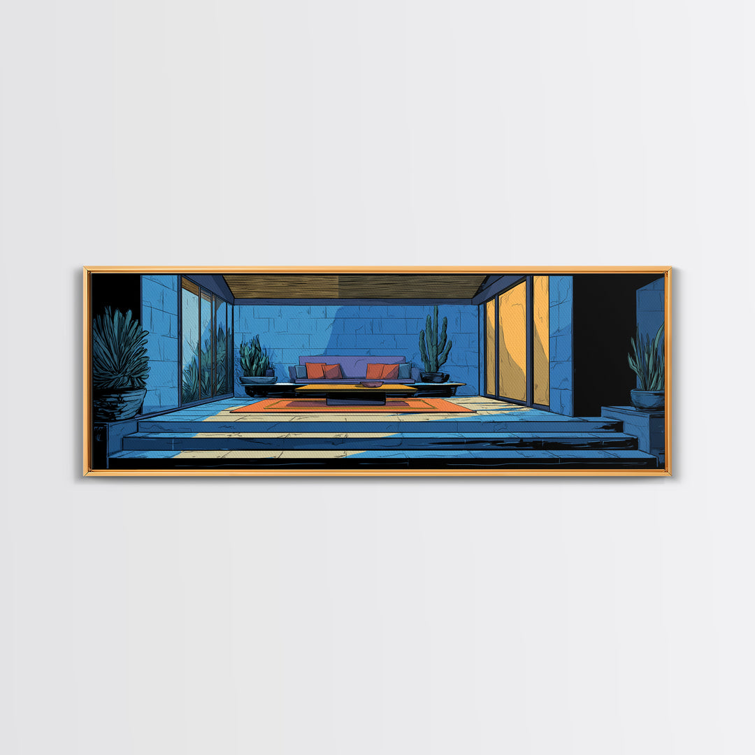 Blue Desert Courtyard With Cactus Wall Art, Midcentury Modern Decor, Retro Patio Architecture, MCM Large Framed Canvas Print