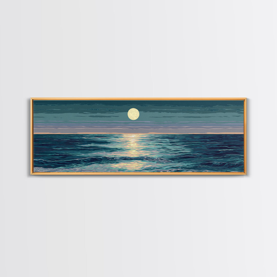 Moonlit Ocean Waves Under Full Moon Wall Art, Coastal Modern Decor, Blue Seascape, Serene Bedroom Living Room Canvas Print