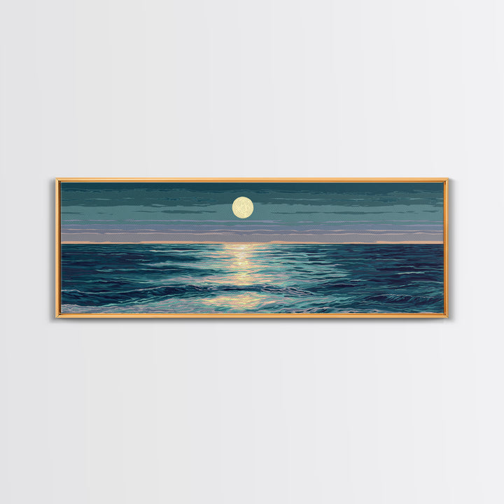 Moonlit Ocean Waves Under Full Moon Wall Art, Coastal Modern Decor, Blue Seascape, Serene Bedroom Living Room Canvas Print