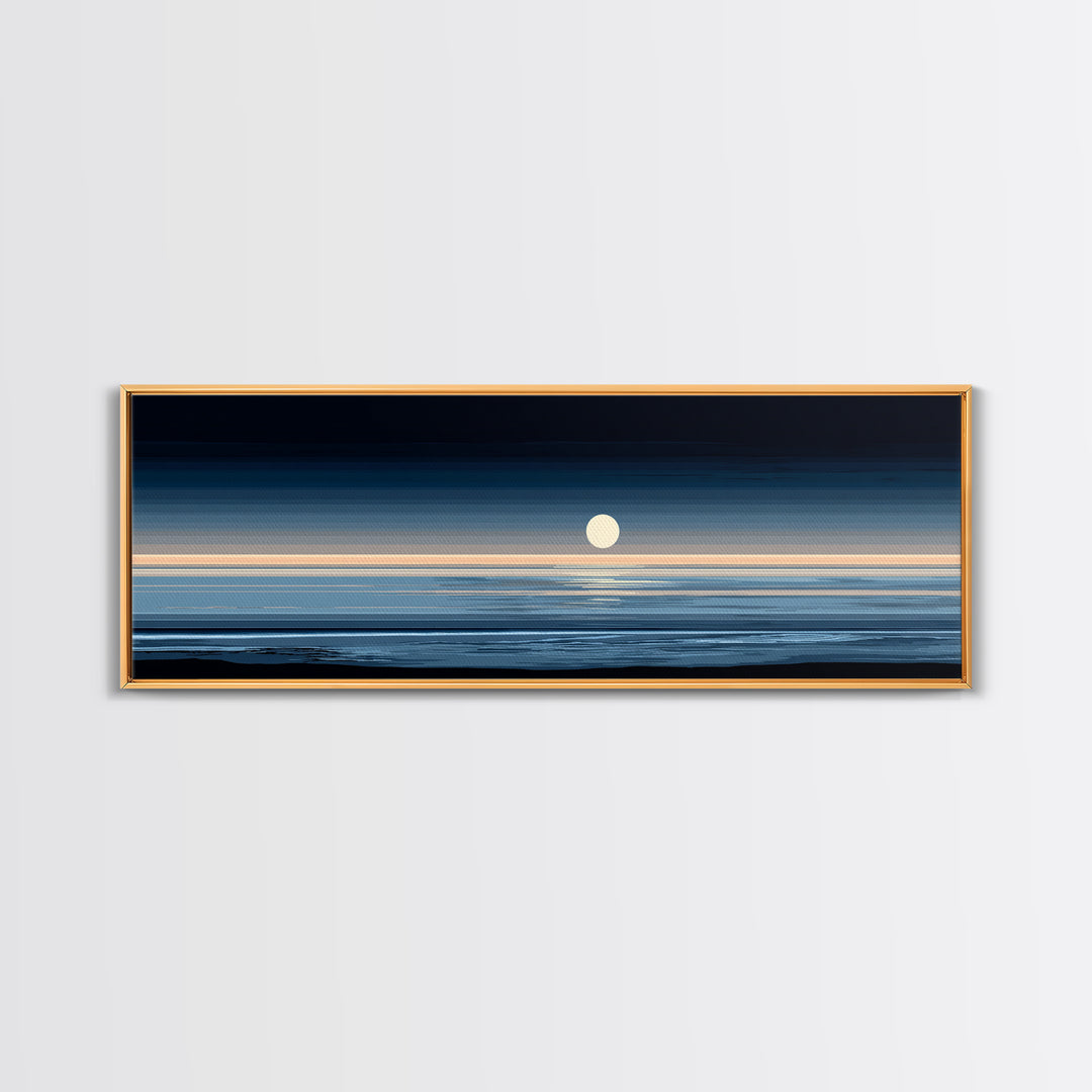 Minimal Moon Over Calm Horizon Wall Art, Modern Coastal Decor, Blue Abstract Seascape, Serene Bedroom Large Canvas Print