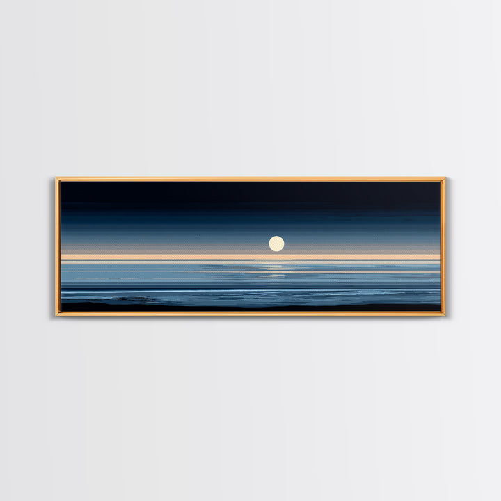Minimal Moon Over Calm Horizon Wall Art, Modern Coastal Decor, Blue Abstract Seascape, Serene Bedroom Large Canvas Print