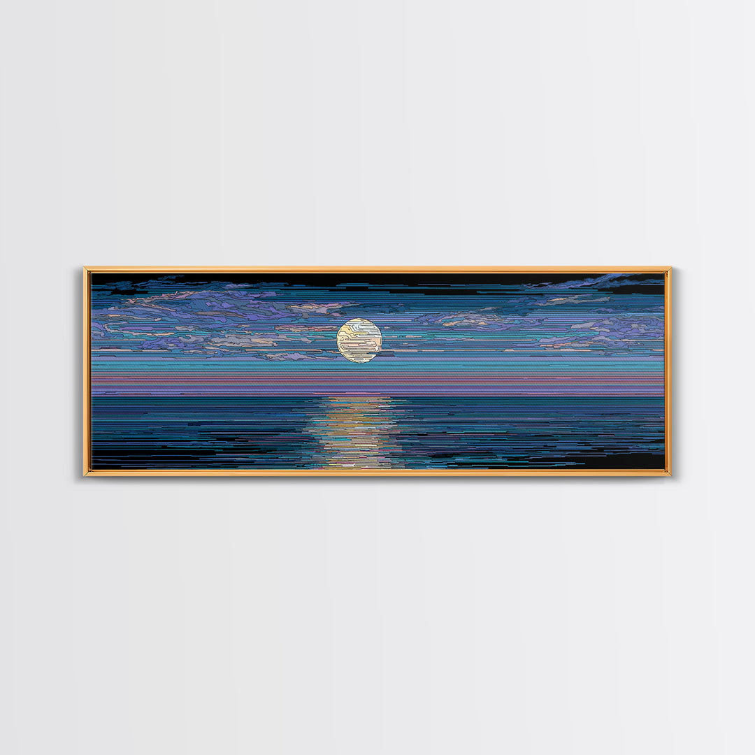 Striped Full Moon Ocean Reflection Wall Art, Modern Abstract Decor, Blue Coastal Seascape, MCM Retro Bedroom Canvas Print