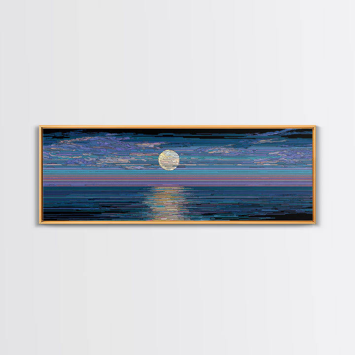 Striped Full Moon Ocean Reflection Wall Art, Modern Abstract Decor, Blue Coastal Seascape, MCM Retro Bedroom Canvas Print